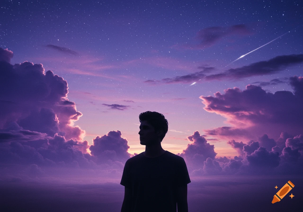A person's silhouette against a vibrant purple and pink starry night sky with clouds and shooting stars.