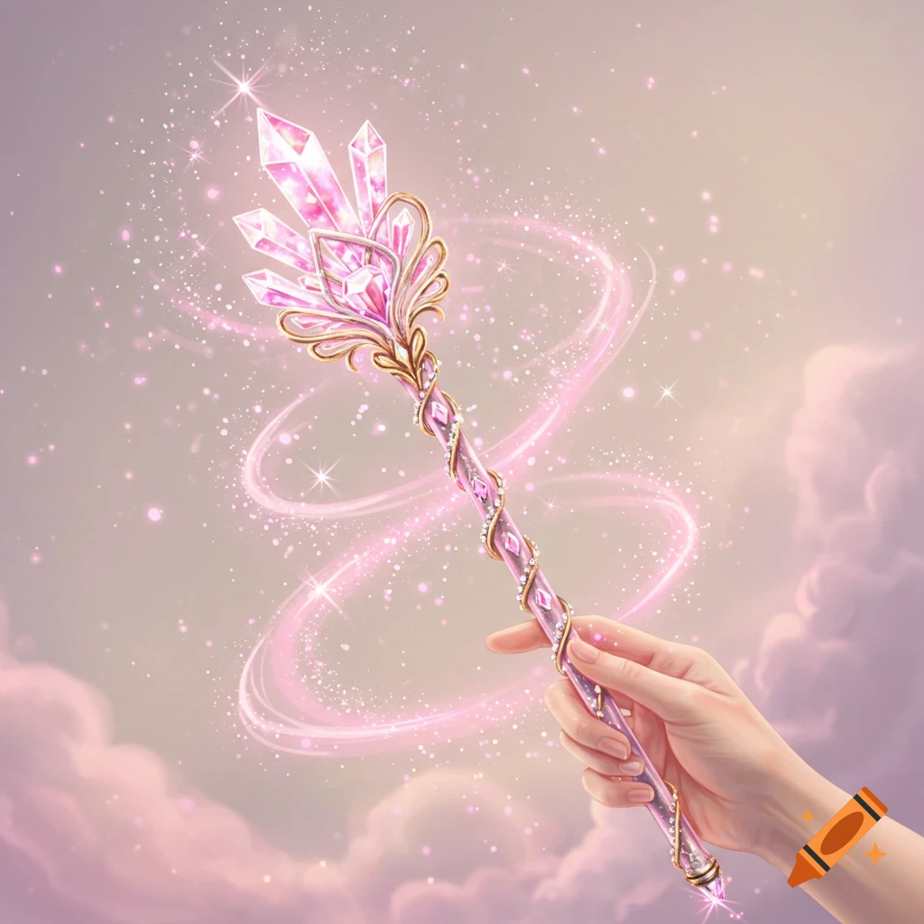A hand holds a glittering pink crystal magic wand with gold accents, emitting sparkling light against a soft, cloudy sky.