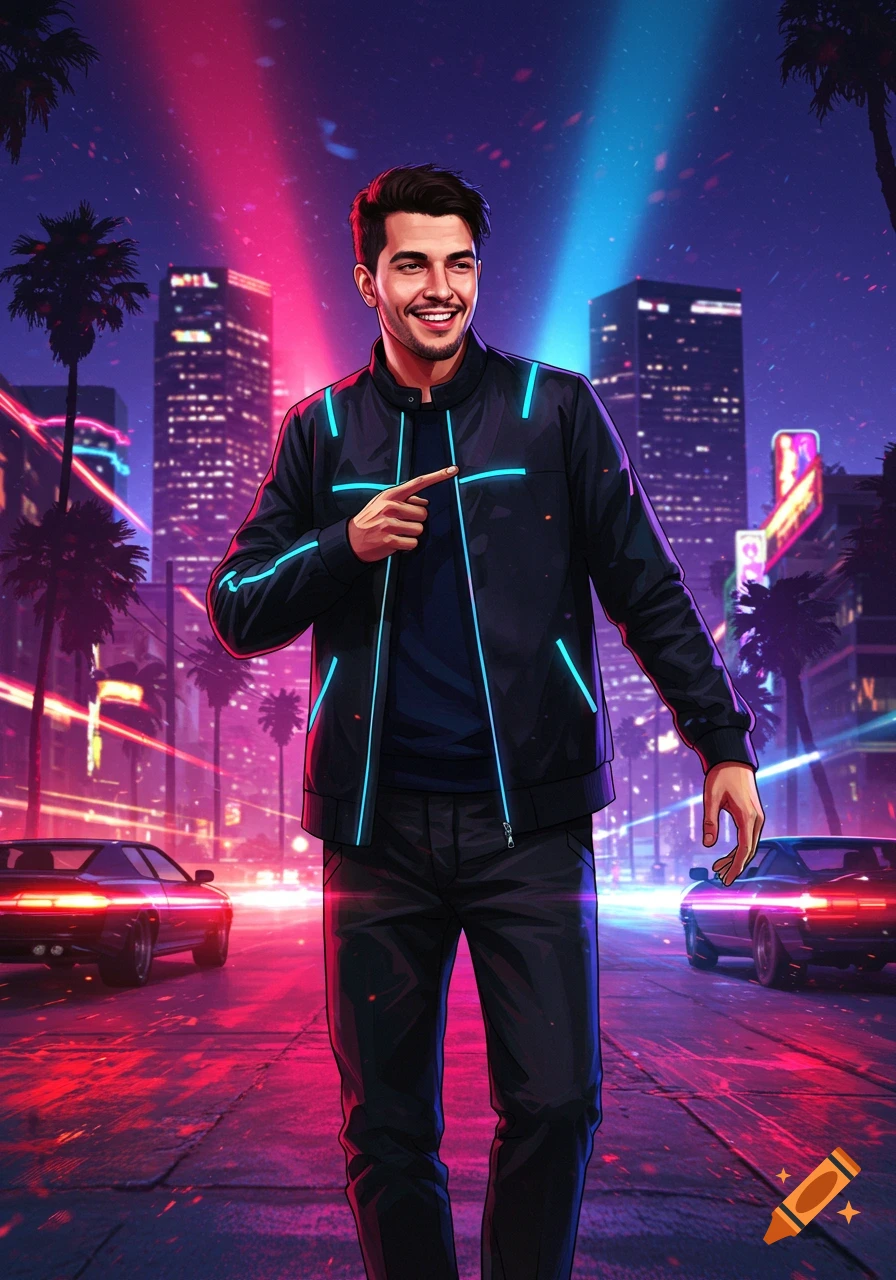 A smiling man in a futuristic black jacket with neon blue lights points in a vibrant, neon-lit city street at night.