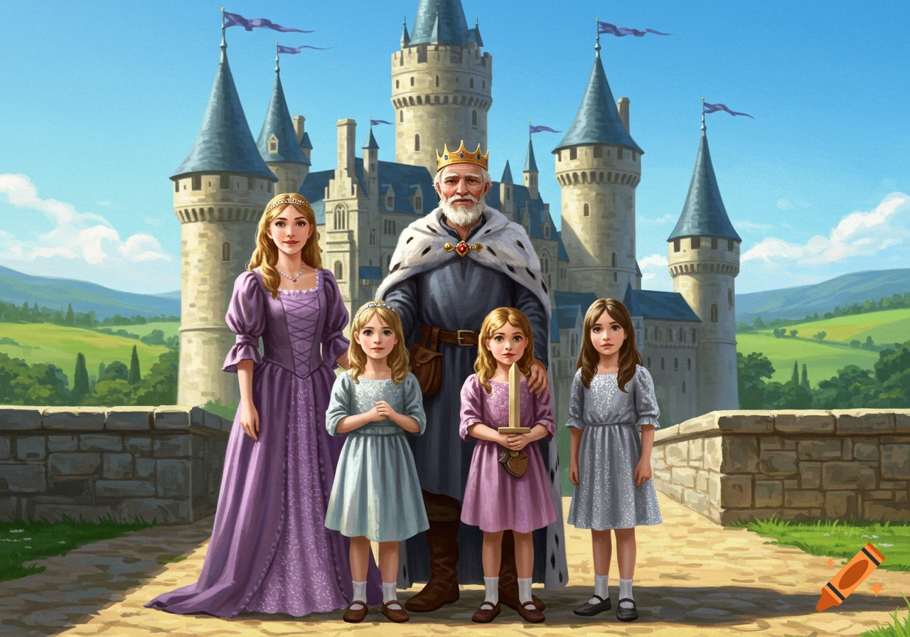 A king and a woman with three young princesses stand in front of a large stone castle under a blue sky, in a vibrant, illustrative style.