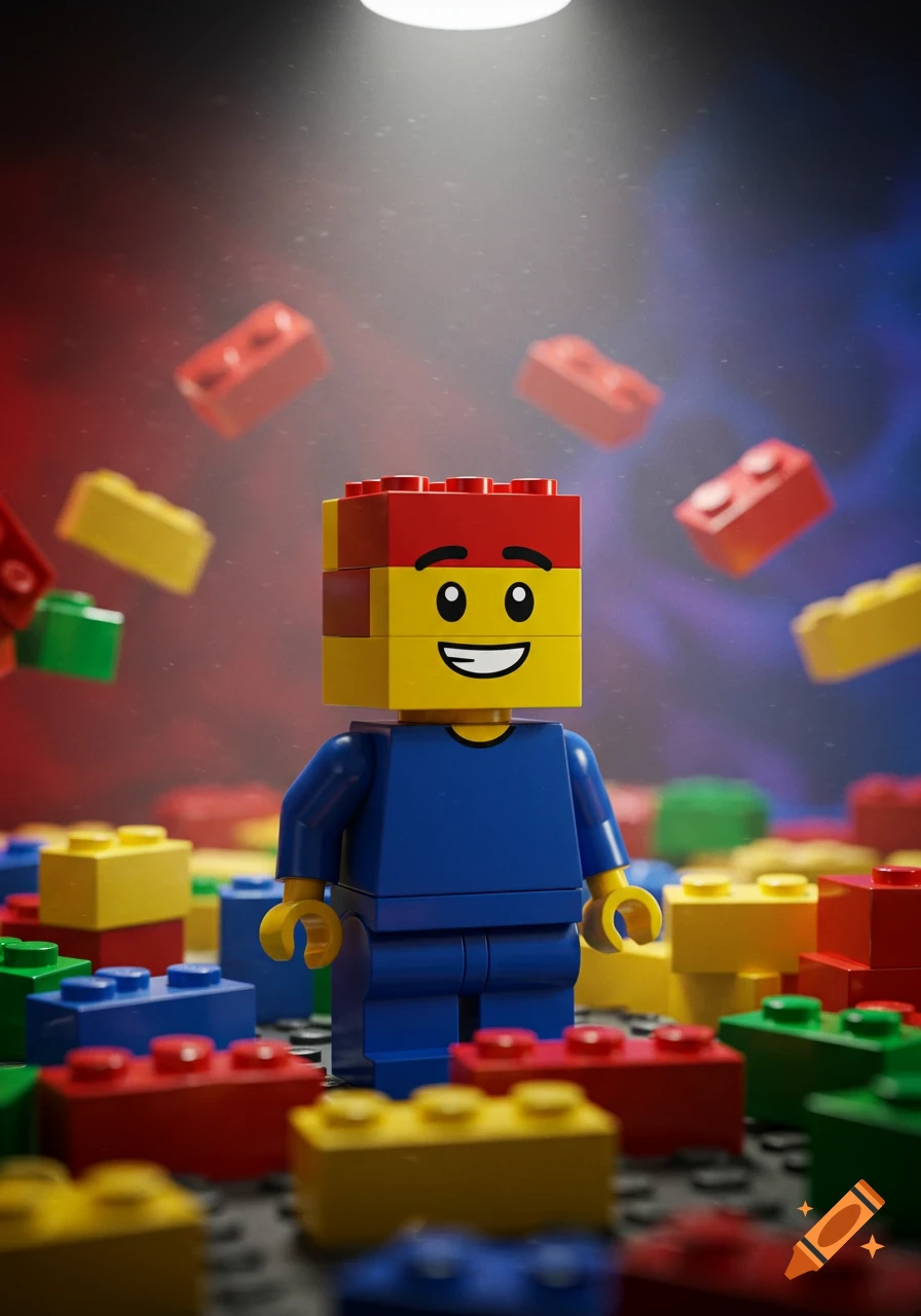 A Lego minifigure with a yellow and red block head stands among colorful Lego bricks, some floating, under a bright spotlight.