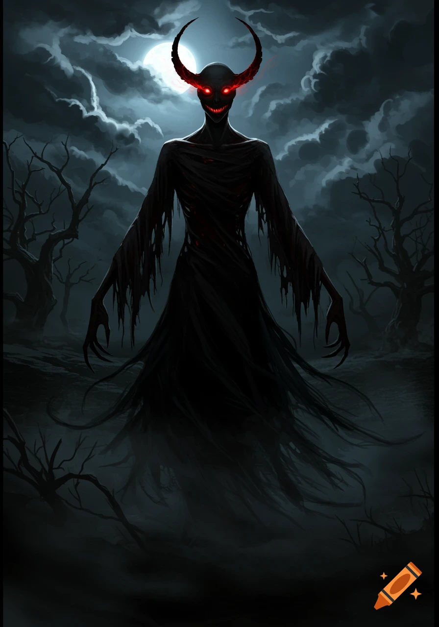 A dark, slender demon with glowing red eyes and large horns stands under a full moon in a desolate, cloudy landscape.