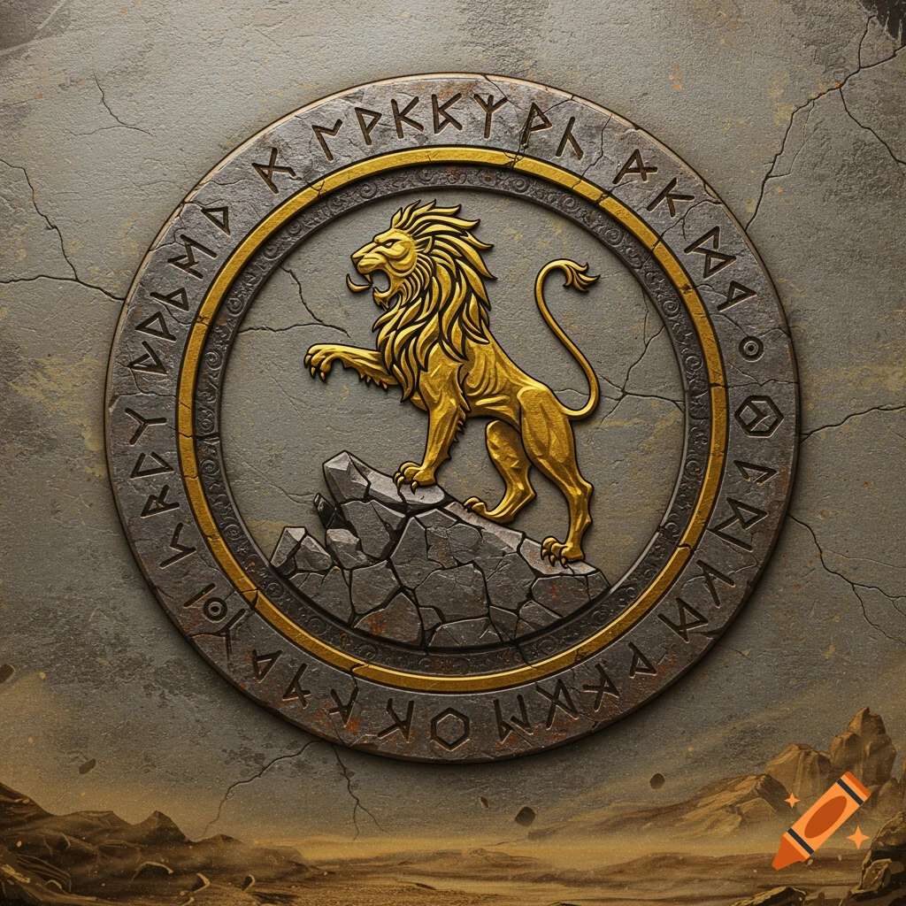 A gold lion stands atop rocks in the center of a circular stone emblem surrounded by runes, set against a cracked stone wall and a barren landscape.