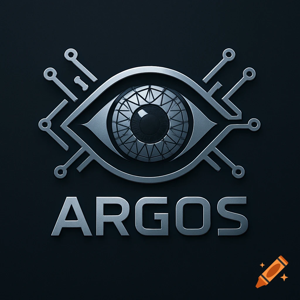 A modern logo featuring a stylized eye with intricate, circuit-like patterns around it, above the bold metallic text "ARGOS" on a dark background.