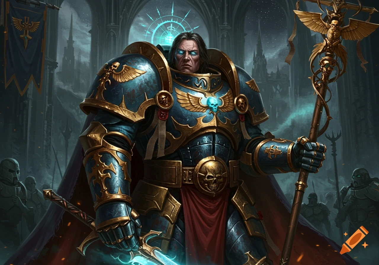 A majestic armored warrior in blue and gold armor with glowing eyes holds a staff and sword in a dark, gothic hall.