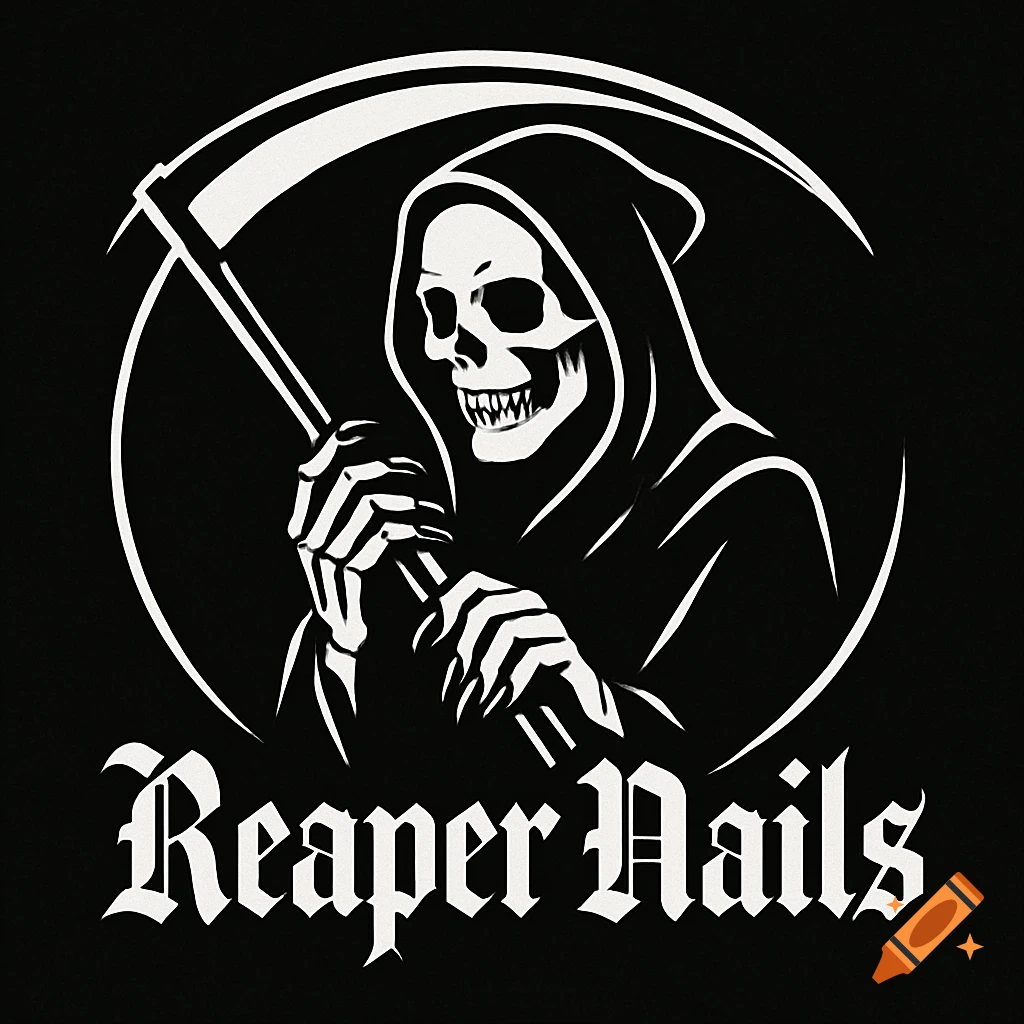 Black and white logo of a skeletal Grim Reaper in a hooded robe holding a scythe, with "Reaper Nails" in gothic font below.