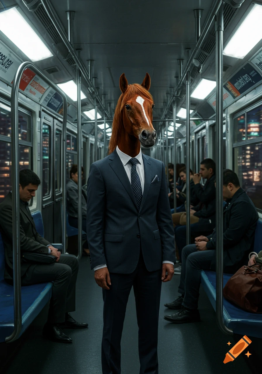 Photorealistic image of a person with a horse head in a suit standing on a subway train, surrounded by seated passengers.