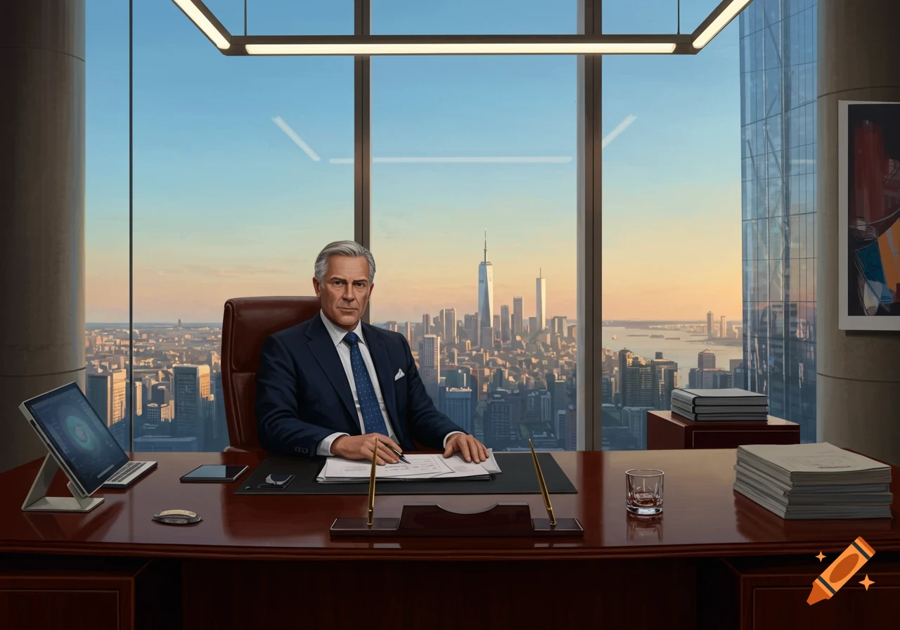 A photorealistic image of a CEO in a suit sitting at a large wooden desk in a high-rise office overlooking a city skyline.