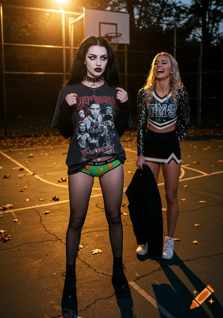 A gothic woman in a band t-shirt and gummy bear underwear stands on a basketball court with a laughing cheerleader.