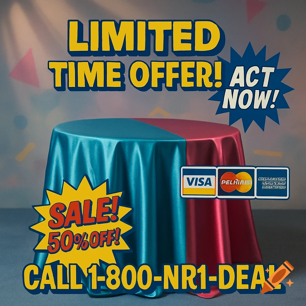 A retro 80s/90s style infomercial ad with a split red and teal tablecloth, bold yellow text offering a limited time sale, and a call to action.