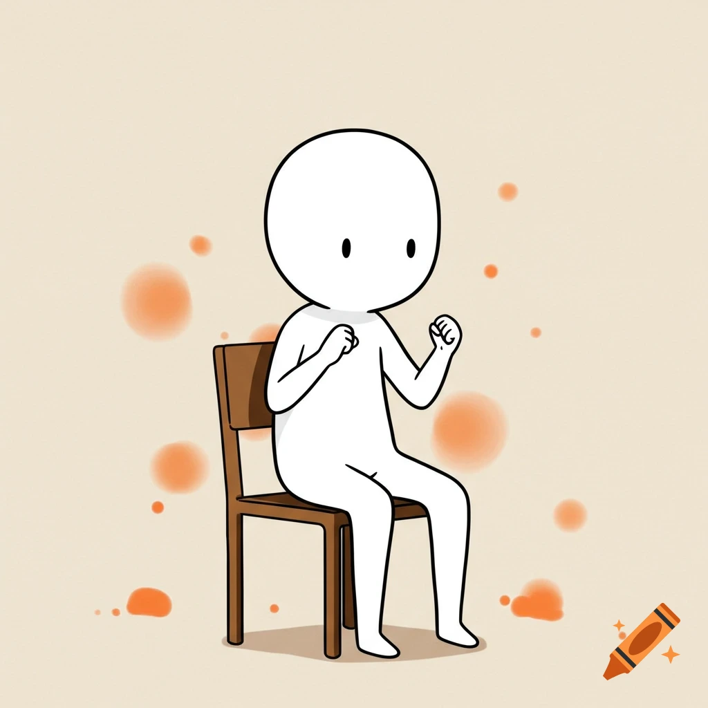 A simple white cartoon character with black eyes sits on a brown chair, fists clenched, on a light orange background with blurry orange spots.