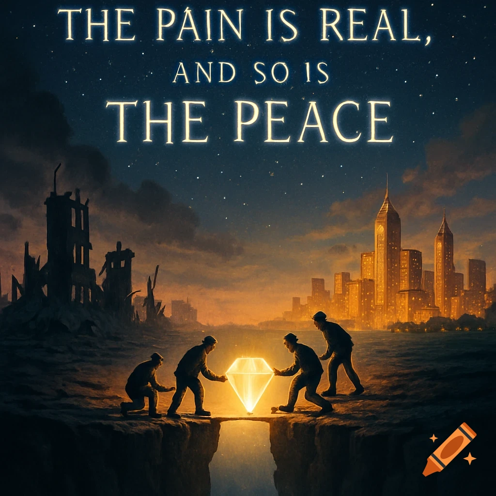 Four figures place a glowing diamond bridge between a war-torn city and a peaceful city under a starry sky with the text "The Pain is Real, And So Is The Peace."