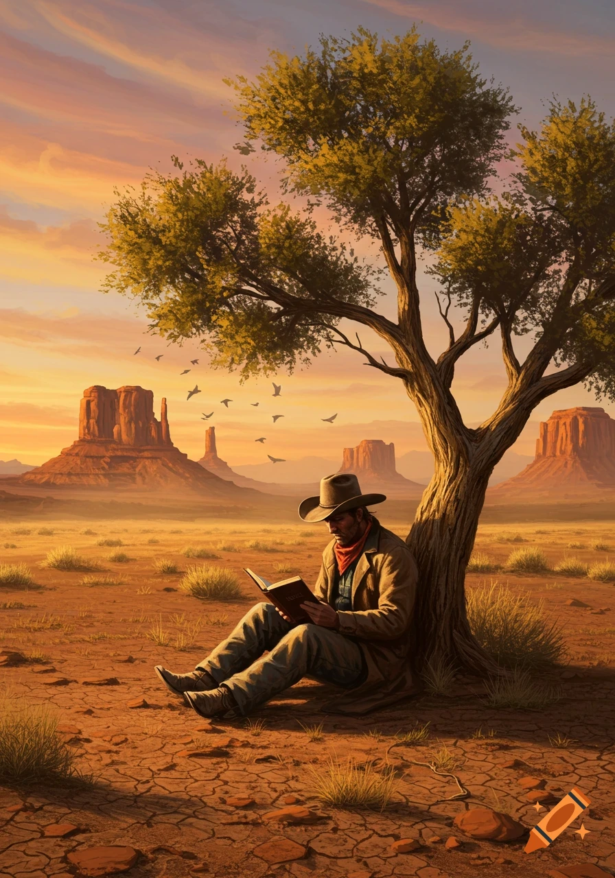 A cowboy sits under a tree reading a book in a vast desert landscape with mesas and a sunset sky.