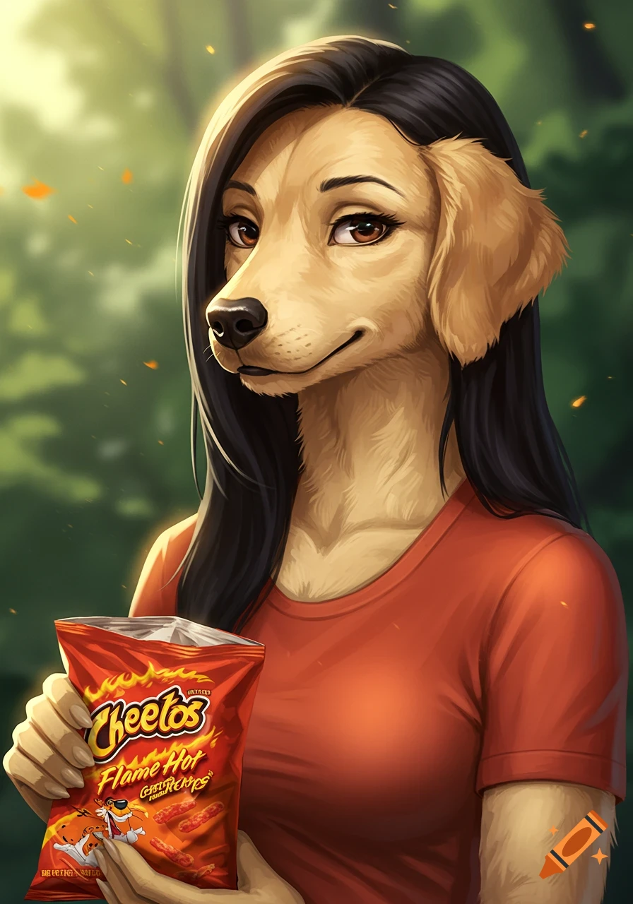 A golden retriever anthro woman with long black hair and a red shirt smiles while holding a bag of Flamin' Hot Cheetos. Stylized illustration.
