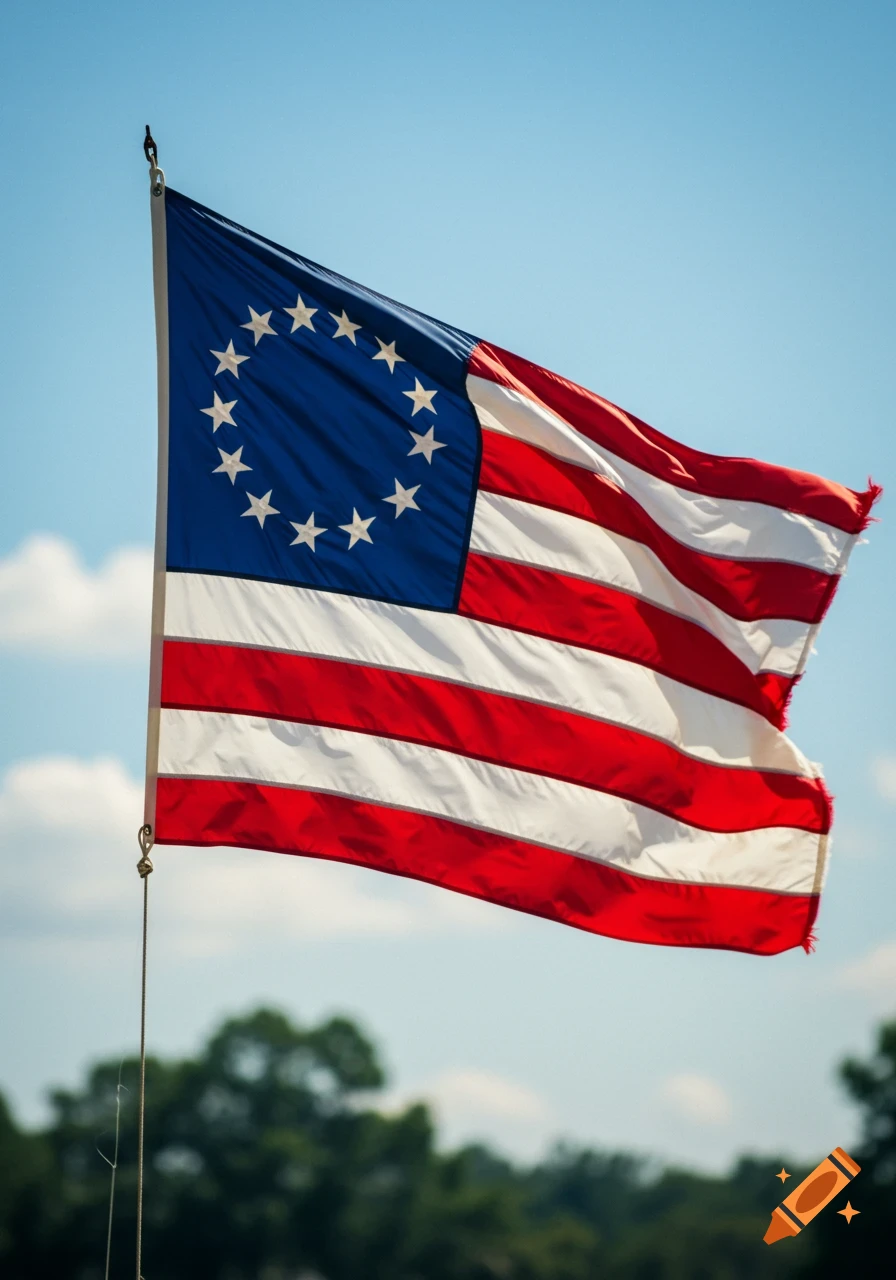 A photorealistic Betsy Ross flag with 13 stars in a circle and 13 stripes, waving against a blue sky.