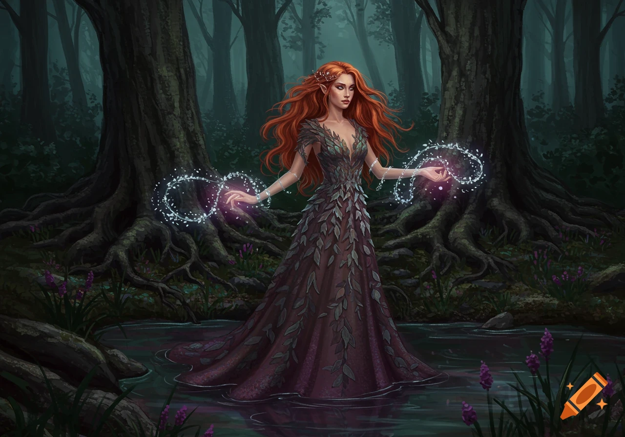 A red-haired fae woman in a leaf-patterned gown stands in shallow water, creating glowing magic in a dark, rooted forest. Digital art.