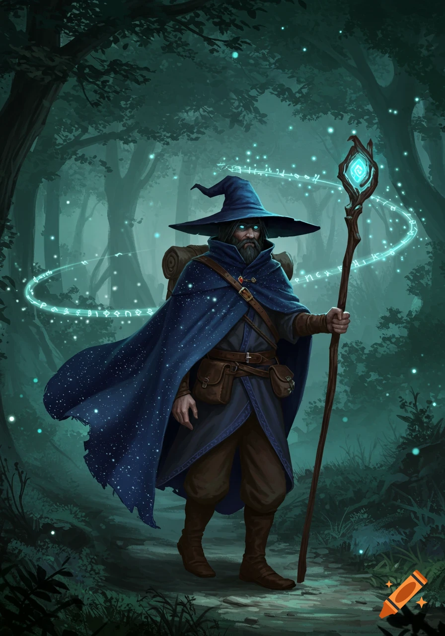 A wizard with a wide-brimmed hat and a starry blue cloak walks through a dark, misty forest, holding a glowing magical staff.