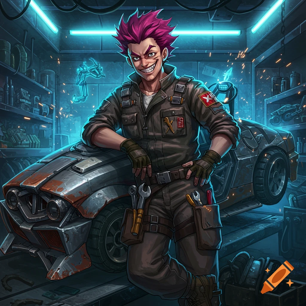 Anime male mechanic with pink spiky hair and a wide grin leans on a rusty futuristic car in a neon-lit garage.