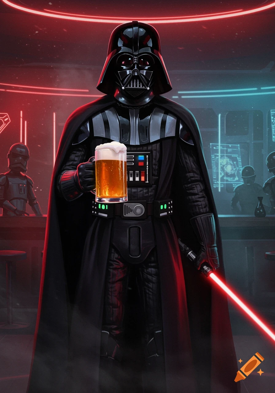Darth Vader holding a frothy beer mug and a lit red lightsaber in a futuristic bar with other figures and neon lights.