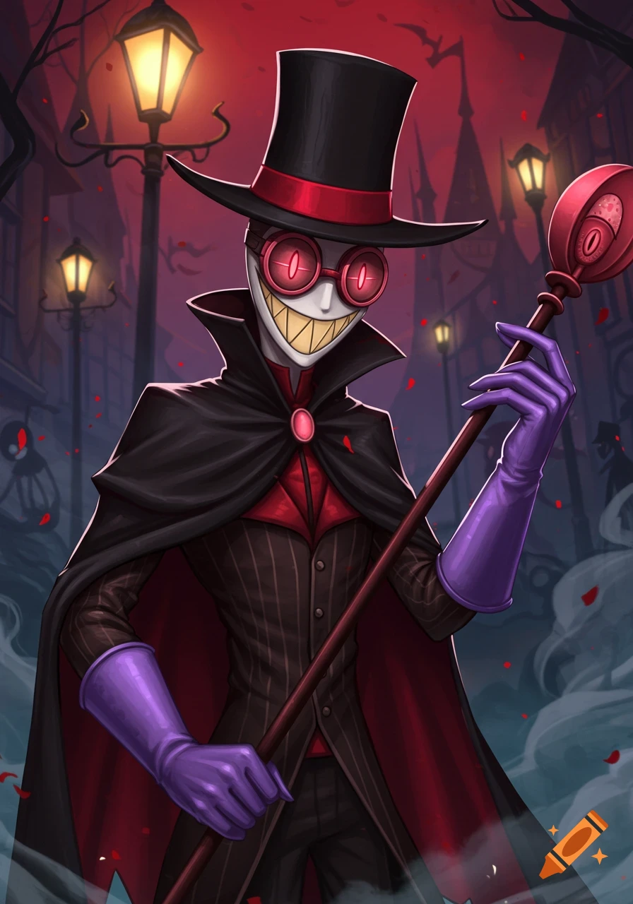 A stylized cartoon villain in a black cloak, top hat with red trim, glowing red goggles, and sharp teeth, holding a staff in a dark street.