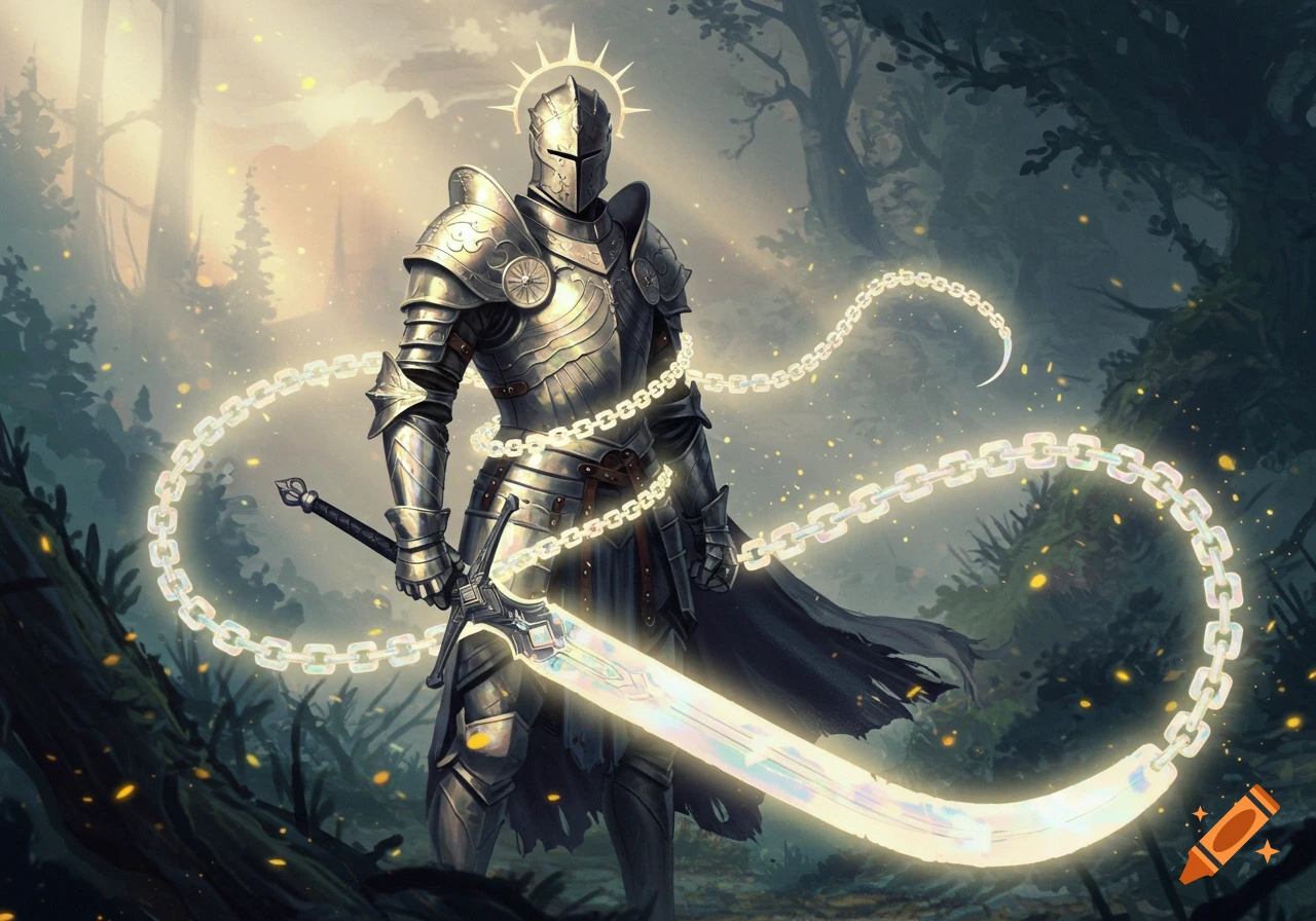 A knight in shining silver armor stands in a mystical forest, holding a large glowing sword wrapped in radiant chains.