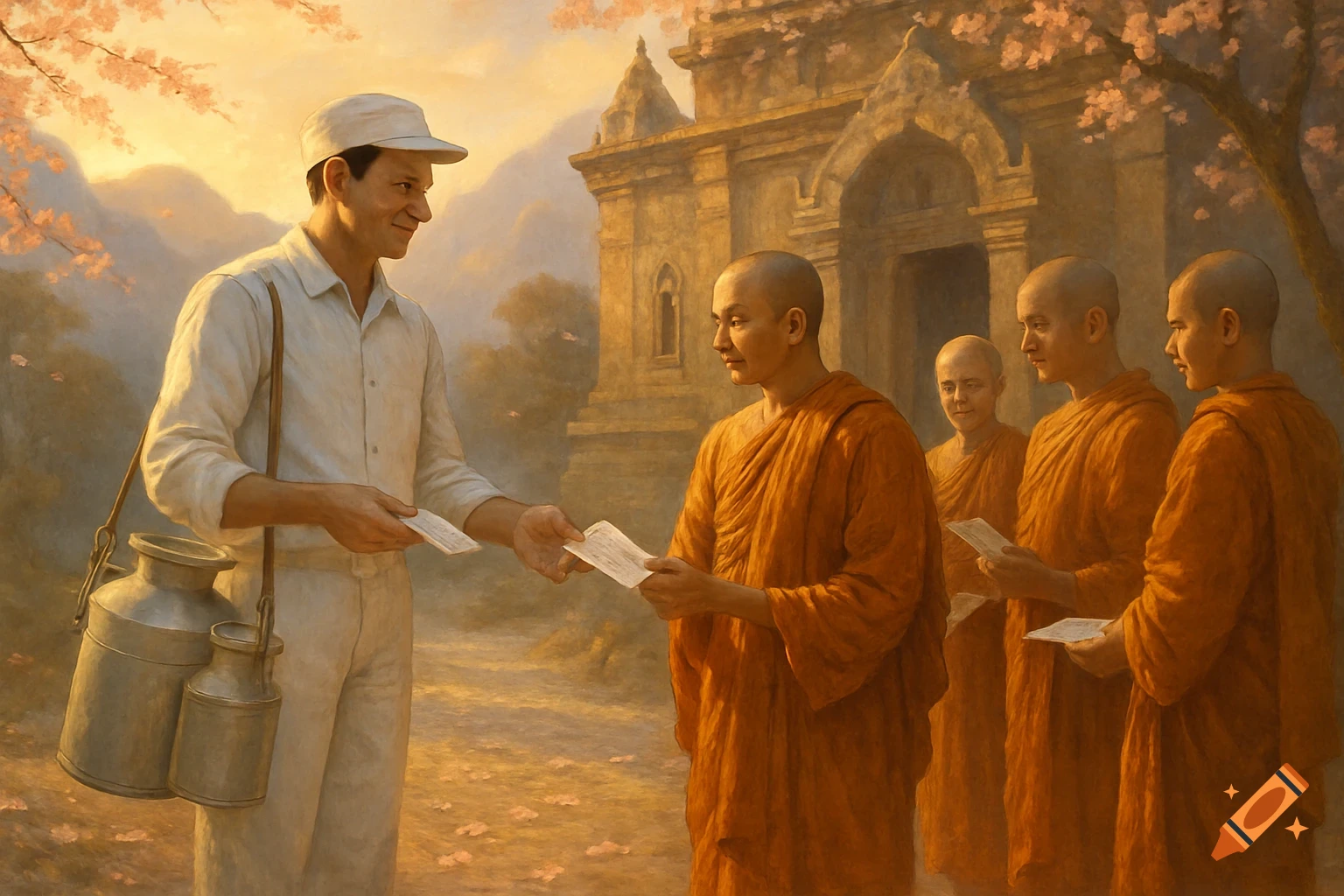 A milkman in a white uniform hands pamphlets to Buddhist monks in orange robes in front of a temple under a sky with cherry blossoms in a painterly style.