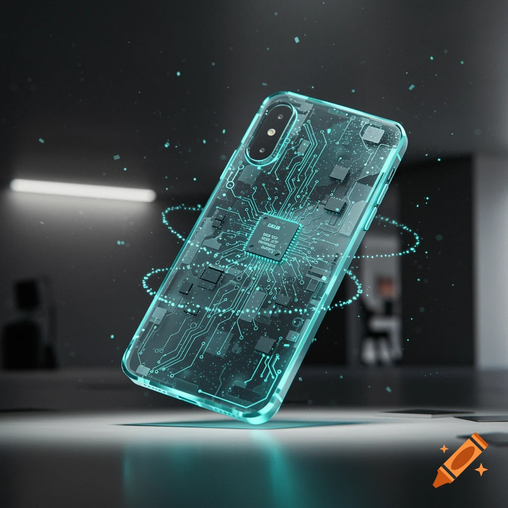A transparent smartphone with glowing blue circuits and a microchip, set against a dark, futuristic background.