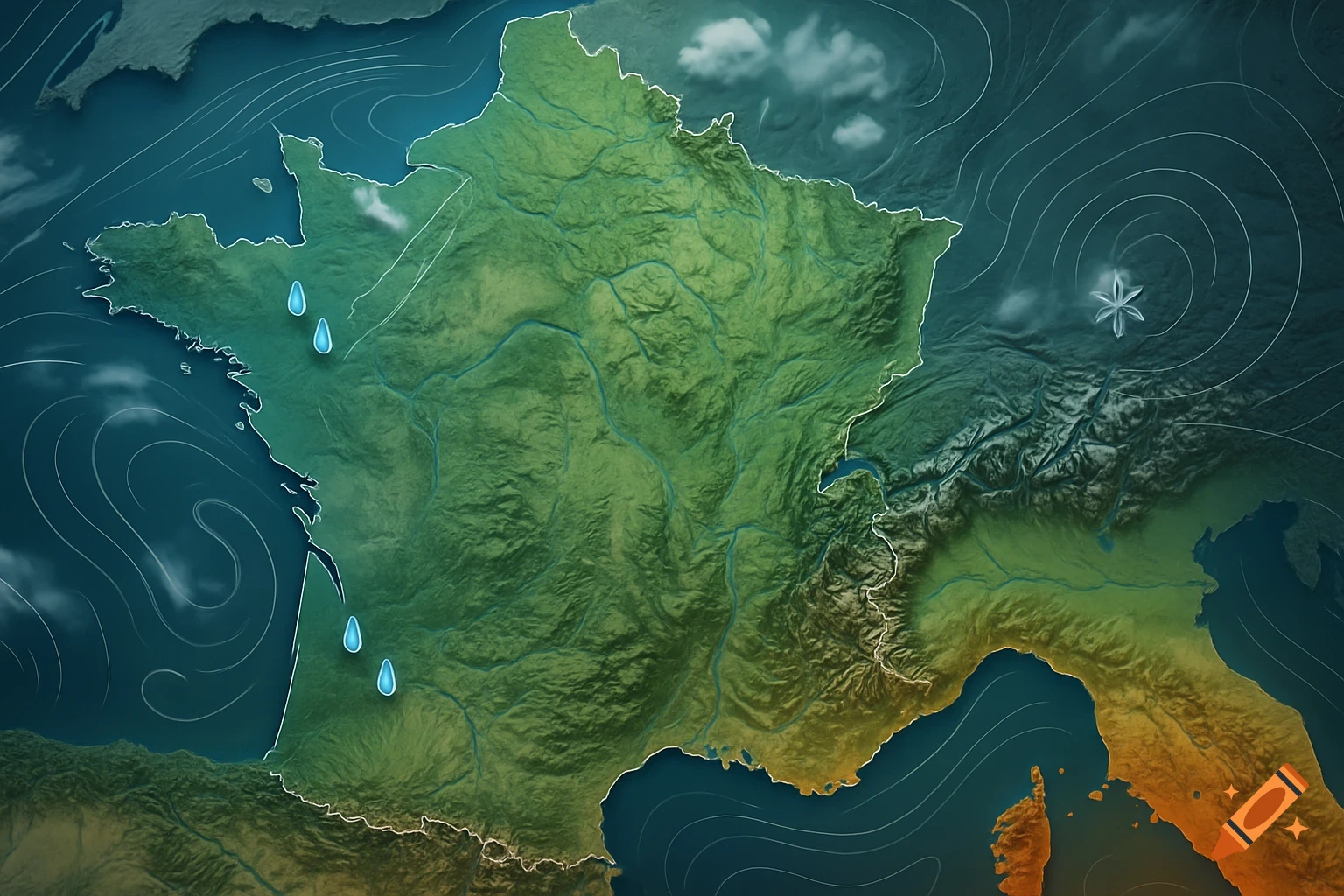 Stylized weather map of France with detailed terrain, showing rain and wind patterns.