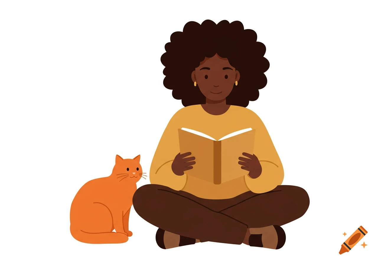 An illustration of a Black woman with natural hair sitting cross-legged, reading a book next to an orange cat.