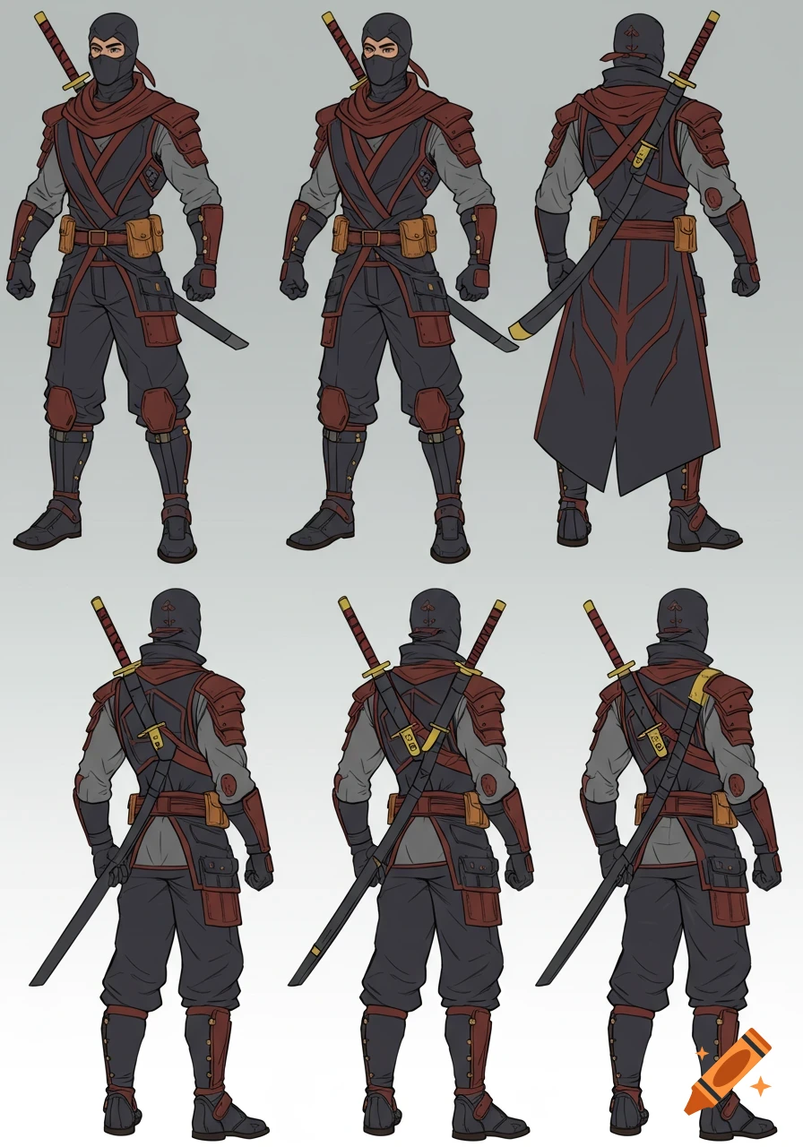 A full-body concept sheet featuring a male ninja-style warrior in a black, gray, and red tactical suit with gold accents, shown from various angles.