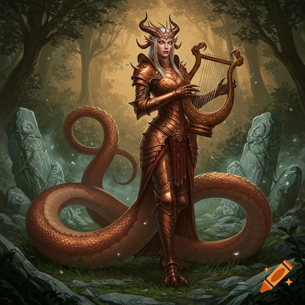 An armored, horned female figure with a long snake tail plays a golden harp in a mystical forest with ancient standing stones.