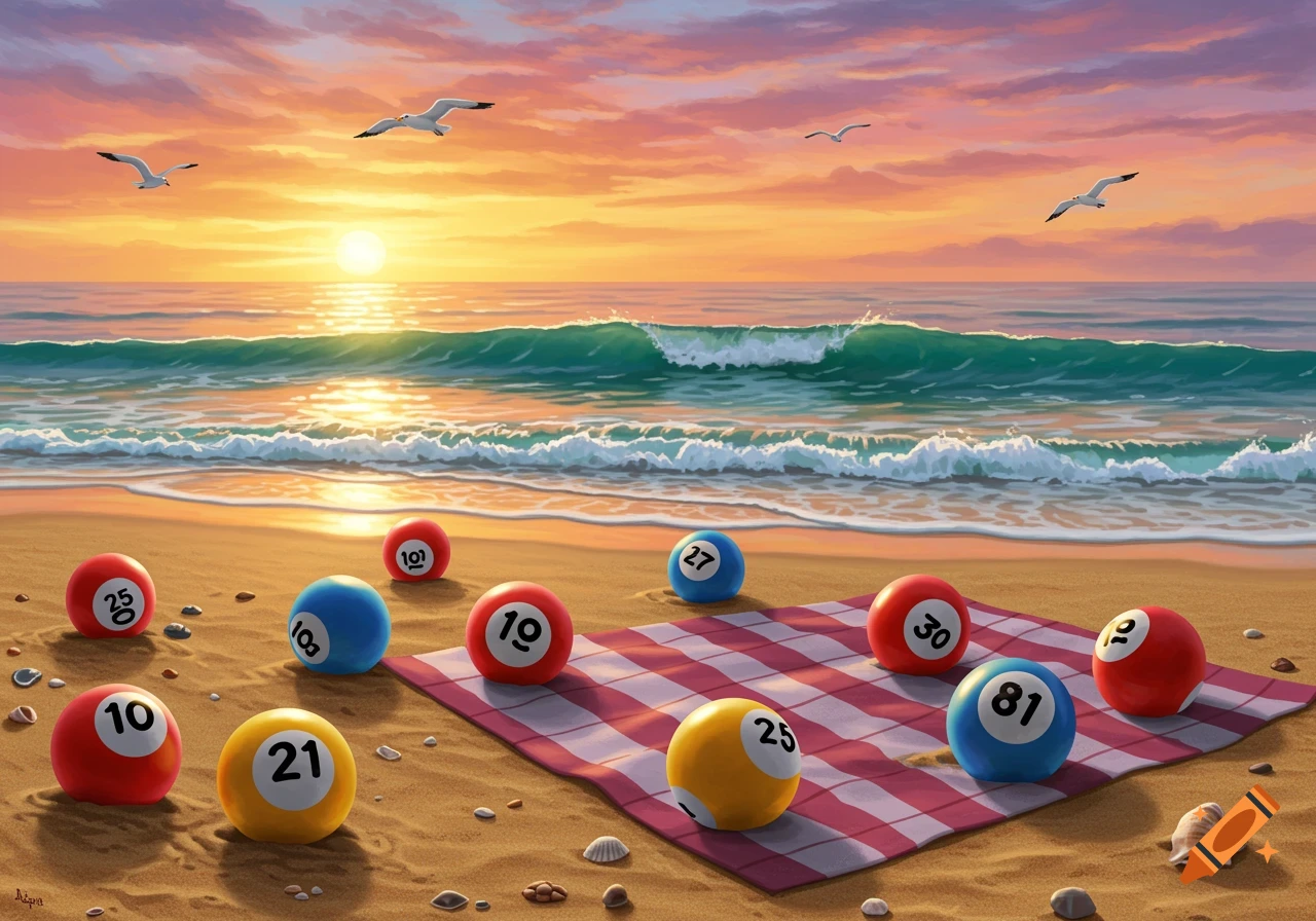 Colorful bingo balls on a sandy beach at sunset with ocean waves and seagulls.