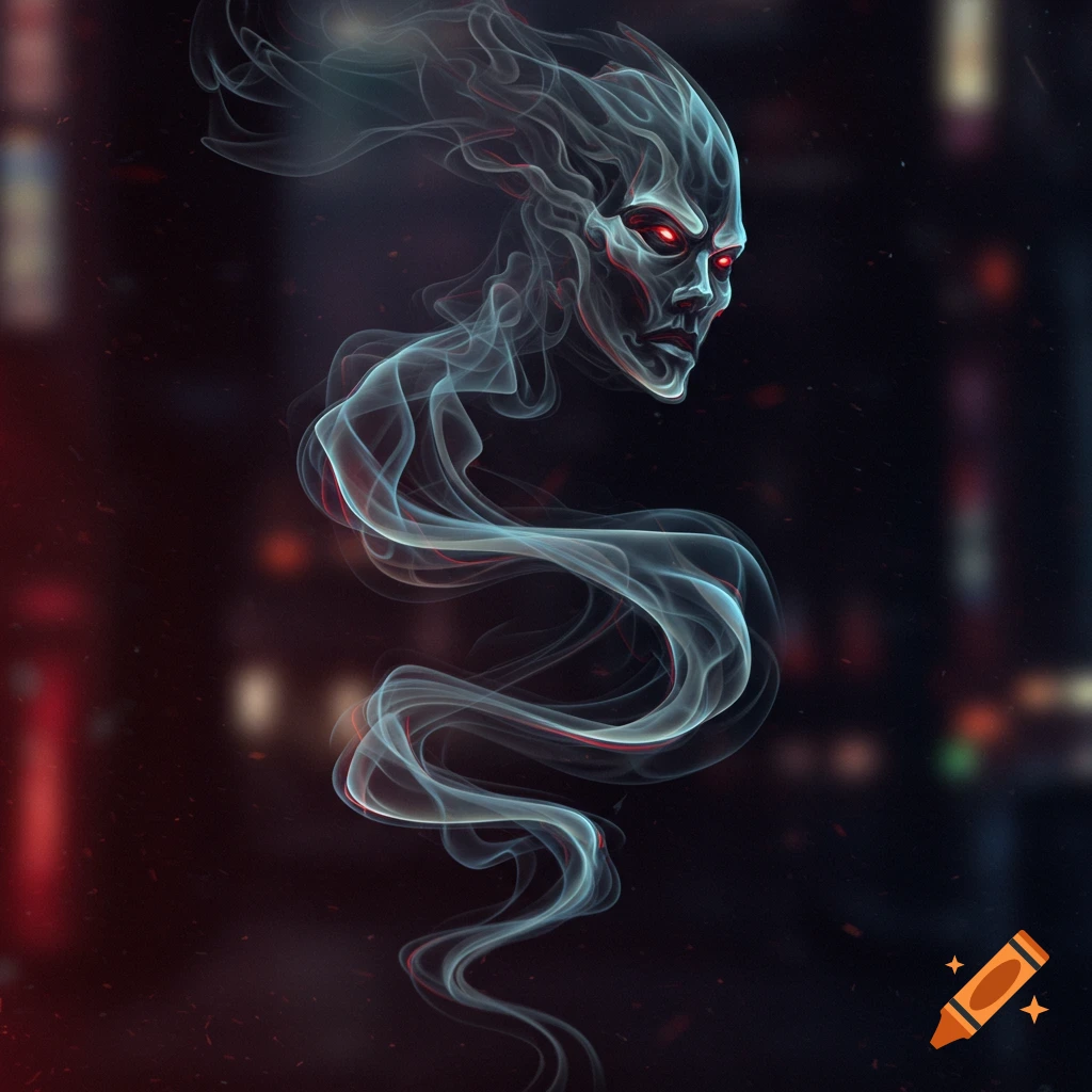 A ghostly figure made of swirling smoke with glowing red eyes on a dark background.