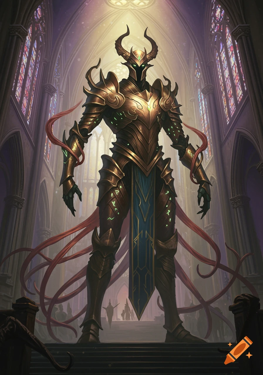 A towering armored creature with horns and glowing runes stands in a grand, light-filled cathedral with stained glass windows.