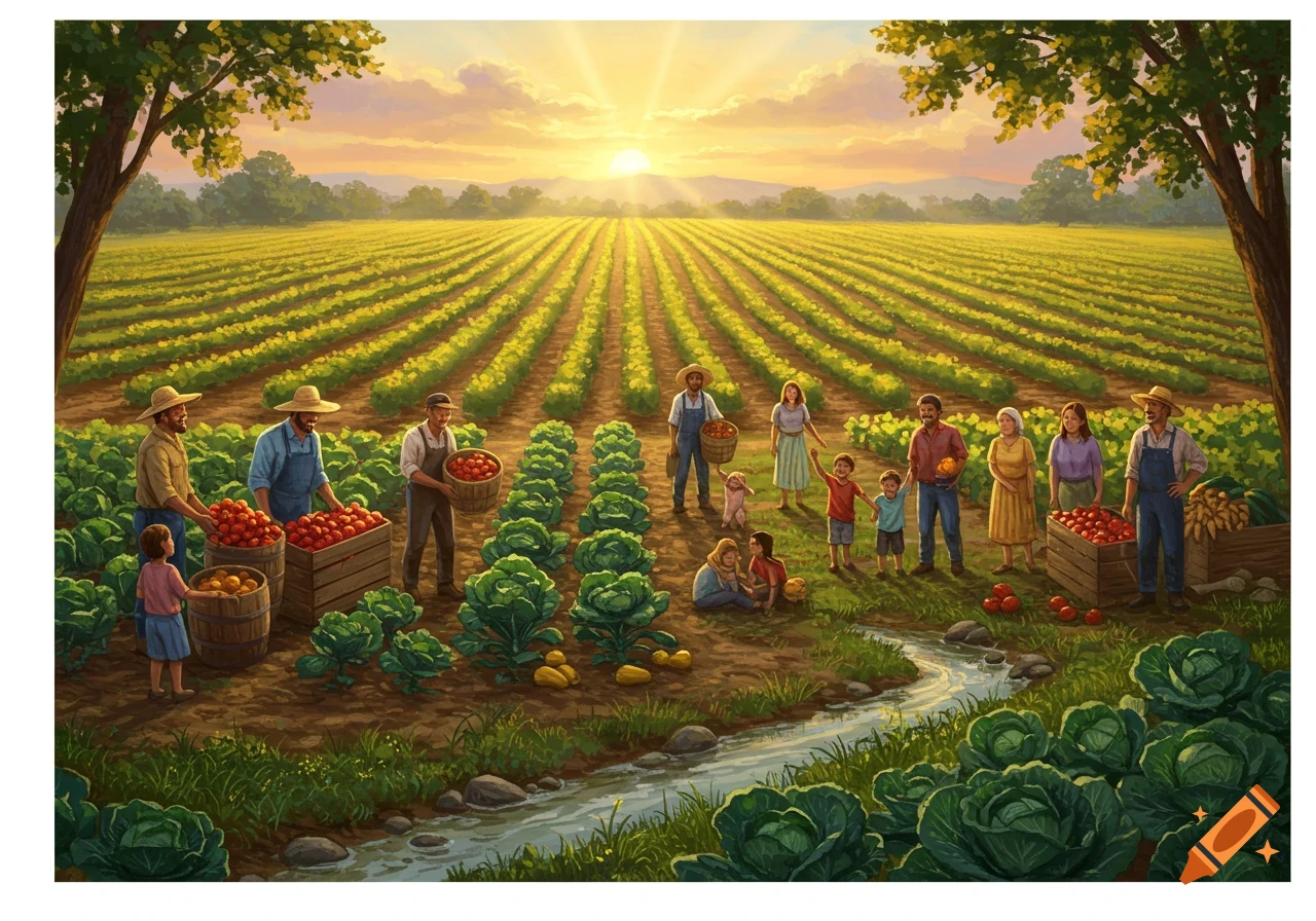 A vibrant illustration of farmers and families harvesting crops in a vast field at sunset, with a stream flowing through.