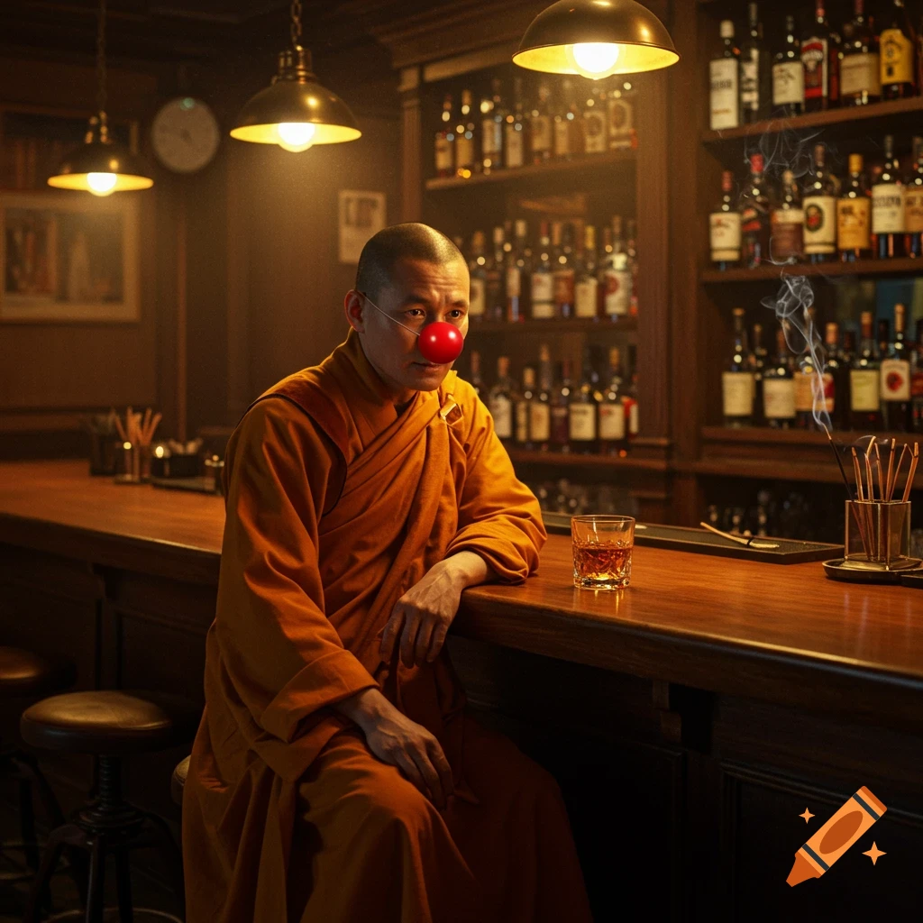 A Buddhist monk with a red clown nose sits at a dimly lit wooden bar counter with a glass of whiskey.