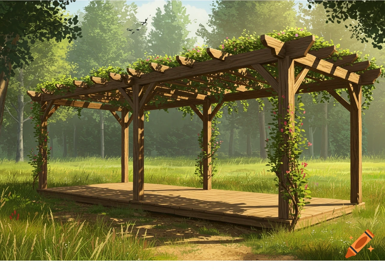 A wooden pergola covered in green vines and pink flowers on a platform in a sunny grassy field with distant trees.
