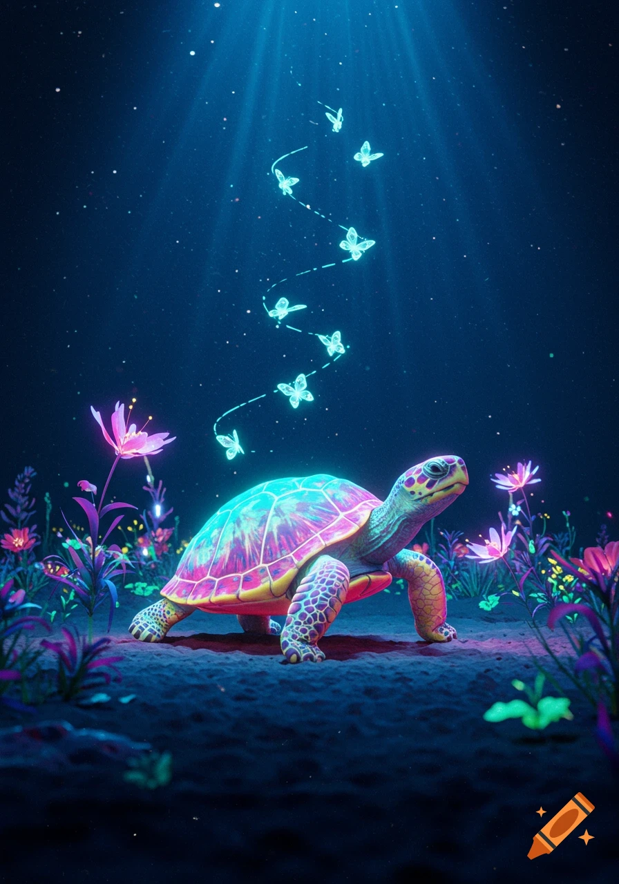 A vibrant, neon-colored turtle with a glowing shell walks through a dark, fantastical landscape with glowing flowers, as luminous butterflies trail above it.
