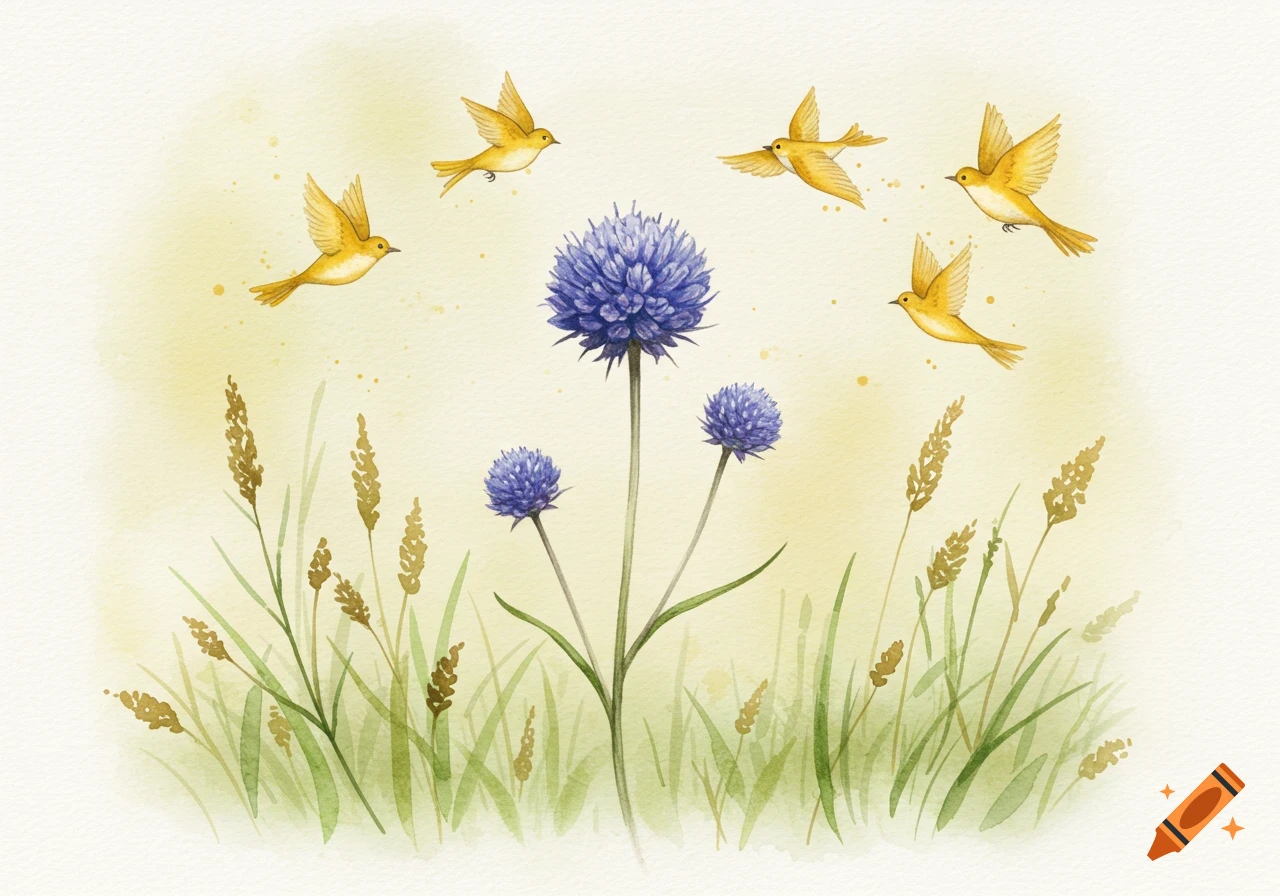 Watercolor illustration of a large blue flower with smaller ones, surrounded by six yellow birds flying above grass and wheat on a light background.