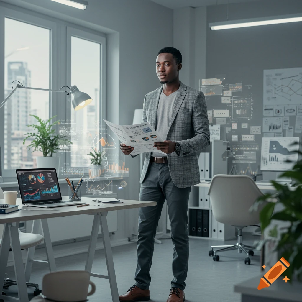 A young Black man in smart casual clothes stands in a modern office, holding papers with charts. Holographic data floats around him, with a laptop showing graphs on a desk.