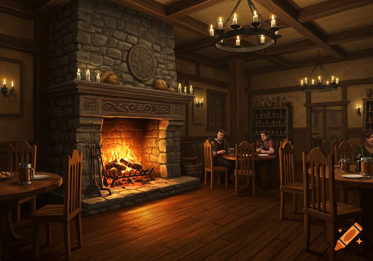 An inviting fantasy tavern interior with a large stone fireplace, crackling fire, and patrons seated at wooden tables.