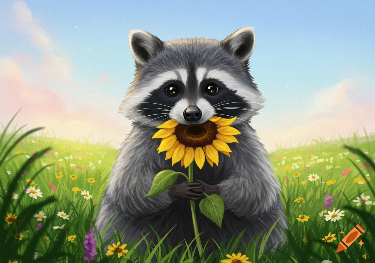 An illustrated raccoon holds a sunflower in its mouth, standing in a vibrant green field filled with various wildflowers under a sunny sky.