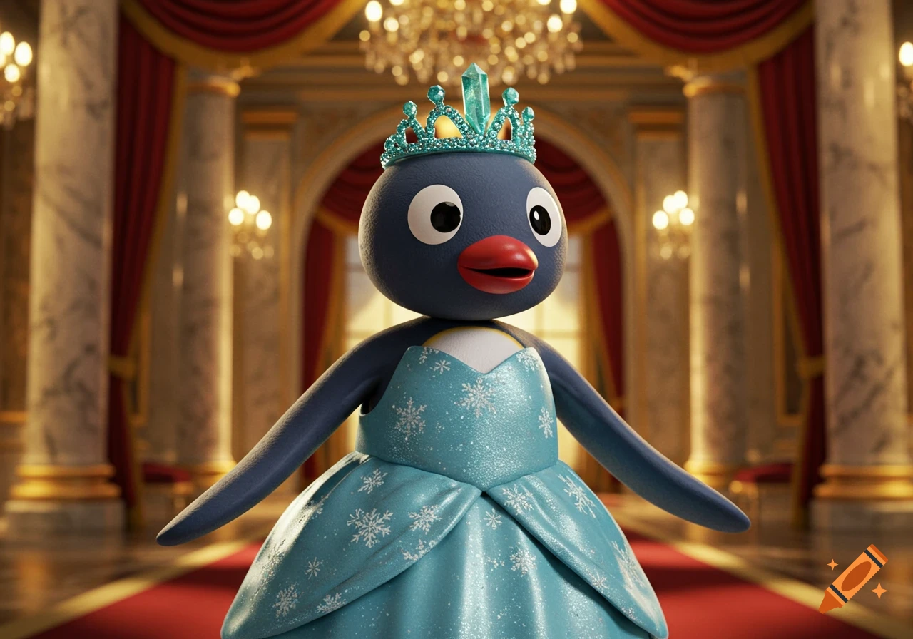 Pingu the penguin character stands in a grand ballroom, wearing a blue princess gown with snowflakes and a sparkly teal crown.