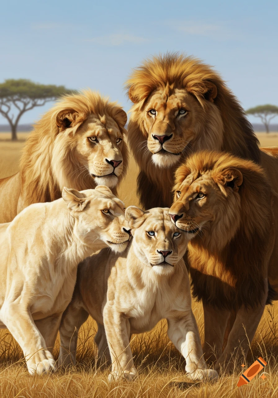 A hyper-realistic image of two adult lions and two lionesses standing in tall dry grass on a savanna with scattered trees under a clear blue sky.