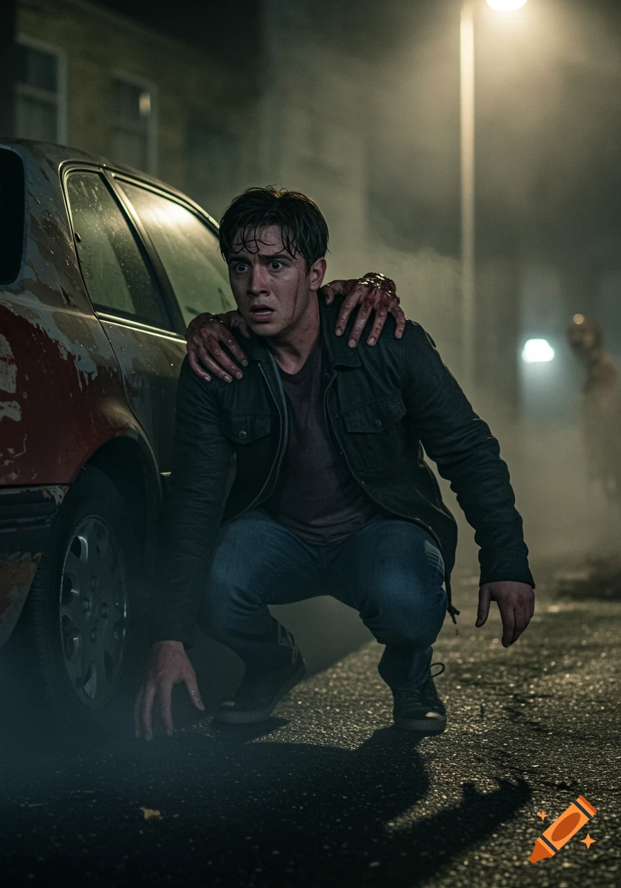 A man crouches beside a rusty car at night, his eyes wide with fear, as bloody hands grab his shoulders from behind. The scene is dark and foggy, lit by a streetlamp.