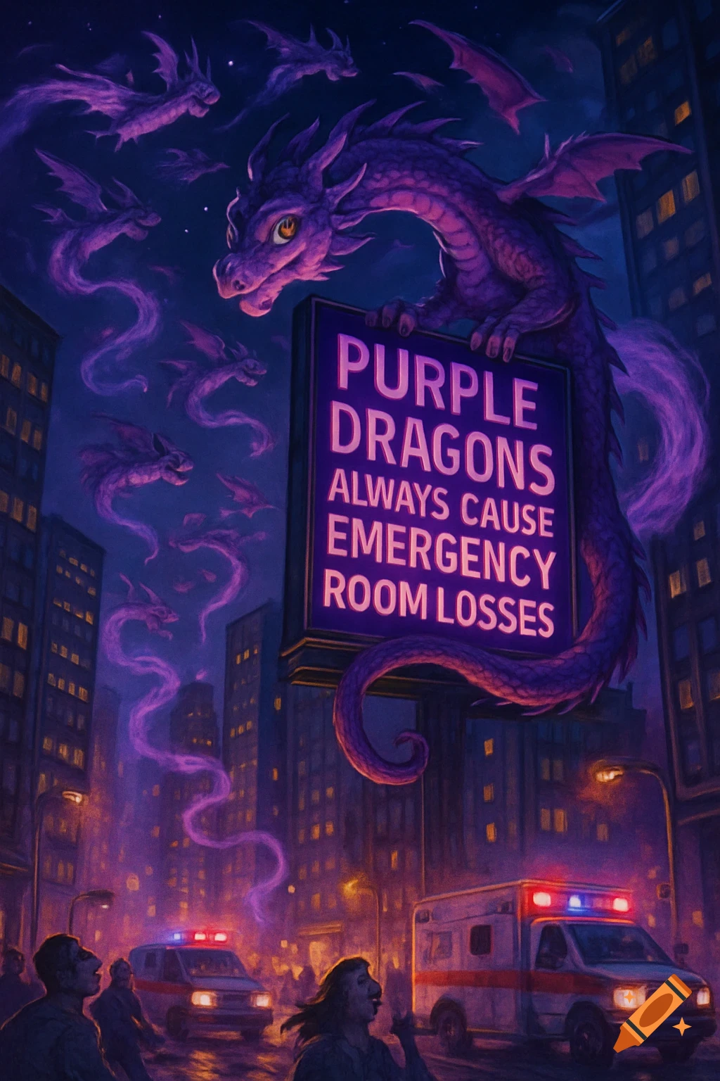 A large purple dragon perches on a glowing sign in a city at night, with smaller dragons flying. People and ambulances are on the street below.