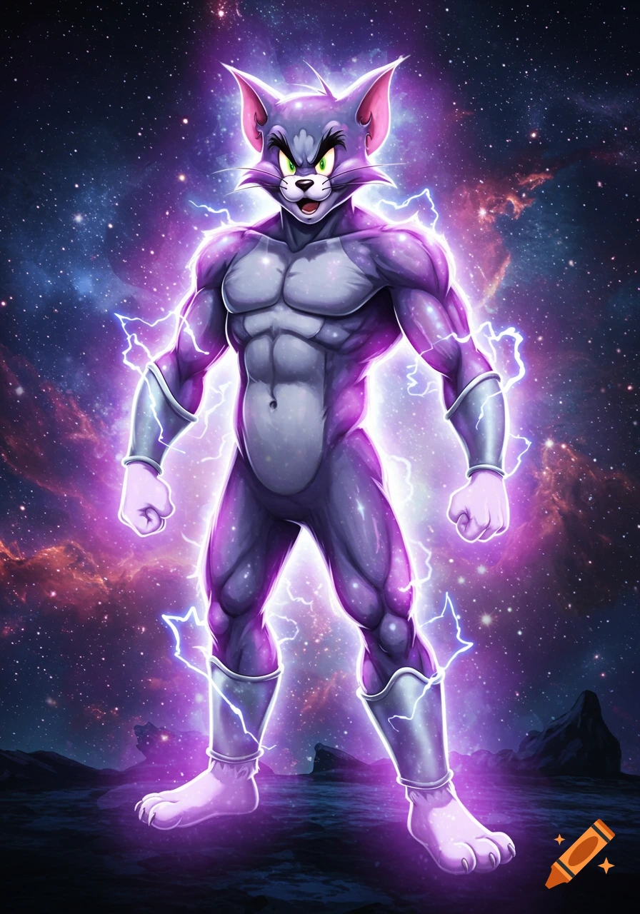 Muscular purple Tom from Tom and Jerry with glowing green eyes and lightning aura stands in a galaxy.