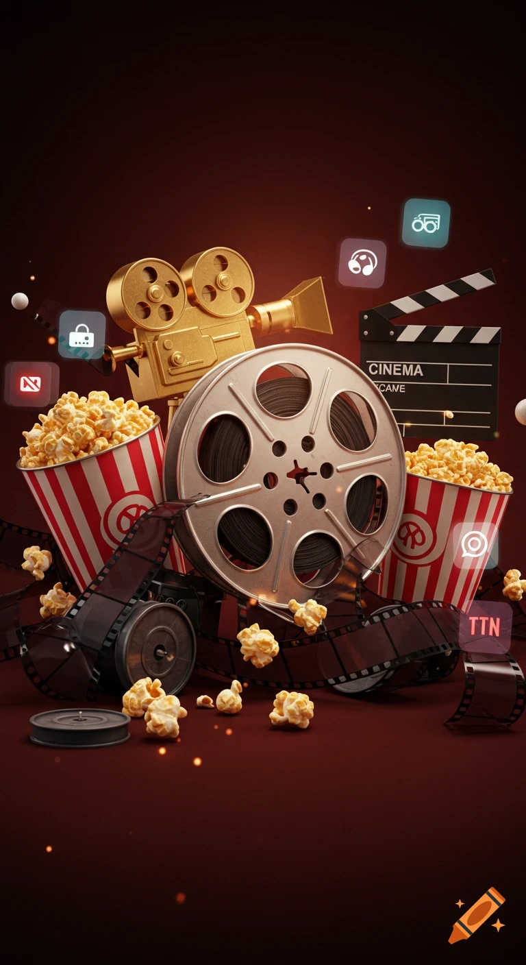 A golden vintage movie camera, film reel, clapperboard, and two striped buckets of popcorn are arranged against a dark red background, with film strips and loose popcorn scattered around. Floating app-like icons are also present.