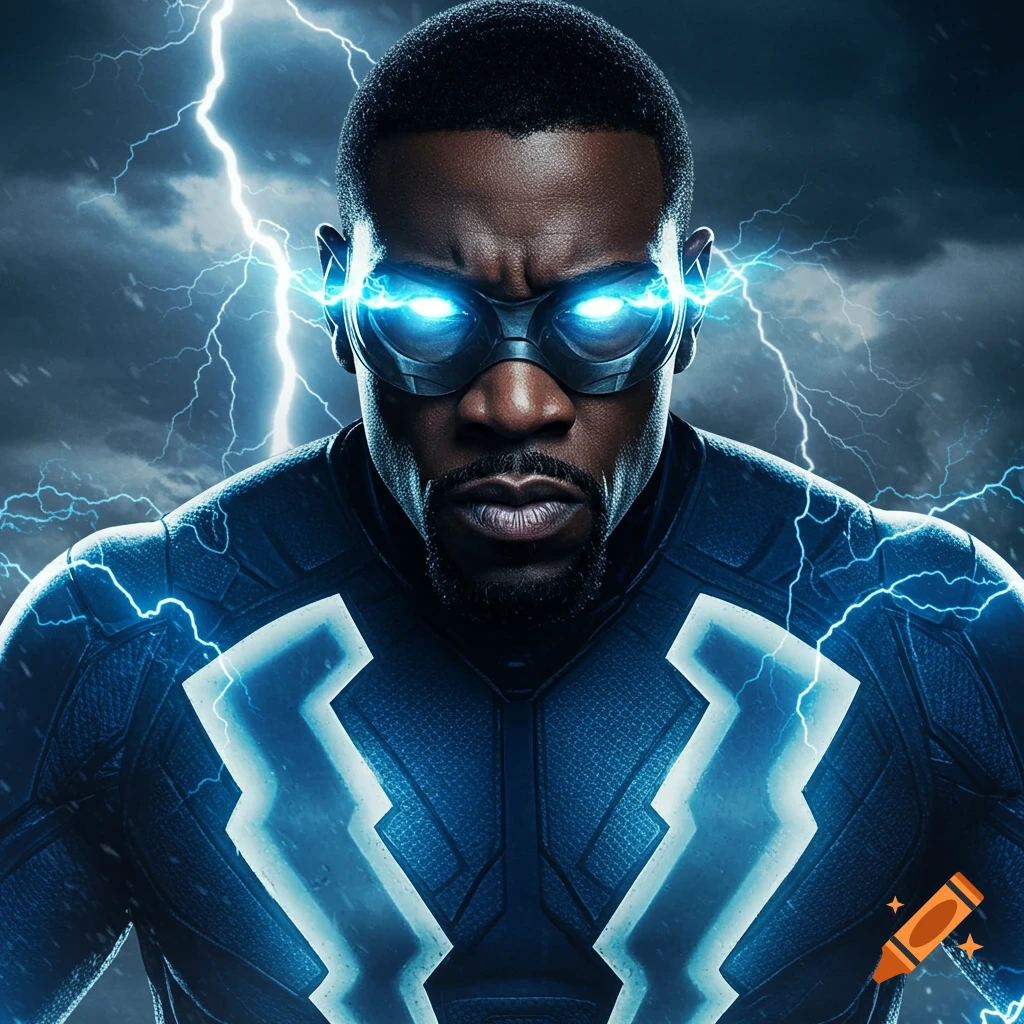 Close-up of a Black superhero in a dark suit with glowing blue eyes and lightning bolt patterns, lightning flashes in the background.
