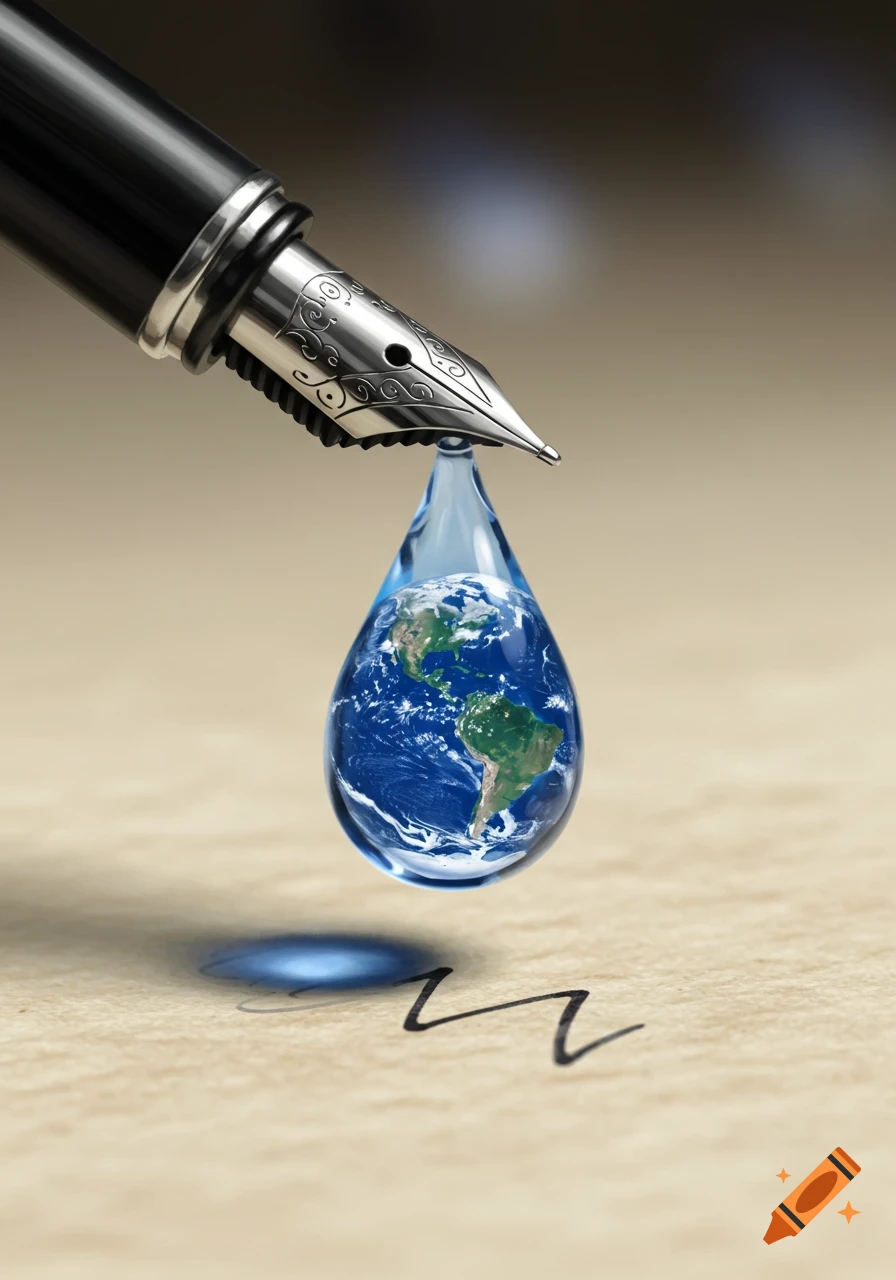 A fountain pen nib drips a water droplet containing a miniature Earth onto paper with an ink line.
